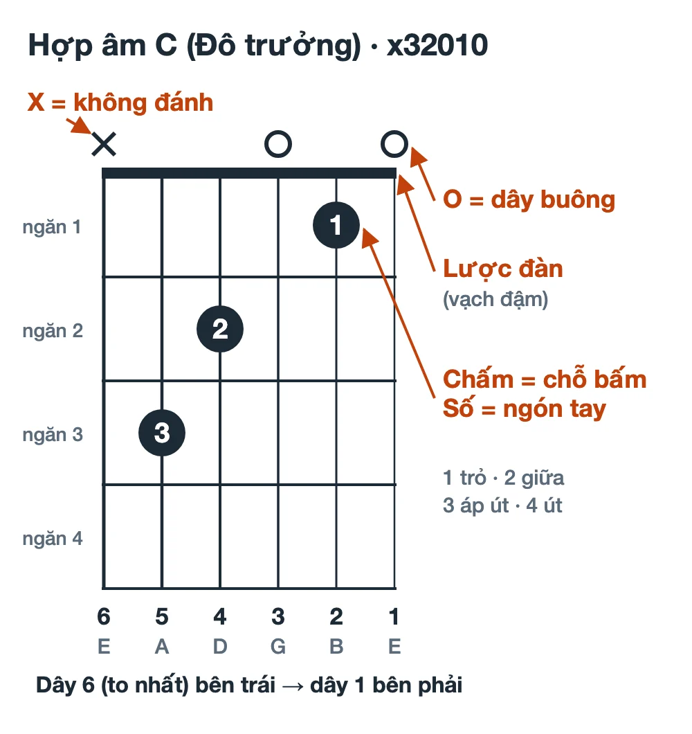 Sơ đồ hợp âm C thế bấm x32010 có chú giải: X là không đánh, O là dây buông, vạch đậm là lược đàn, chấm là chỗ bấm, số là ngón tay