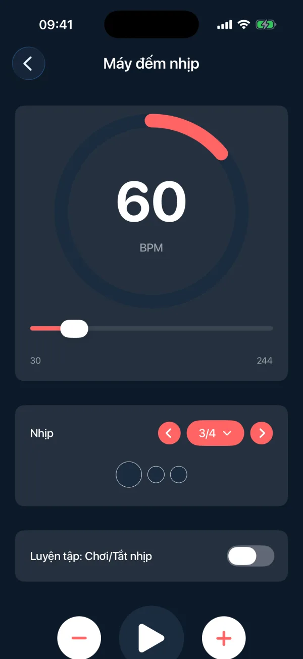 Máy đếm nhịp trong ứng dụng Hợp Âm Nhanh: vòng tròn hiện 60 BPM, thanh trượt từ 30 đến 244, ô chọn nhịp 3/4 và công tắc Luyện tập Chơi/Tắt nhịp