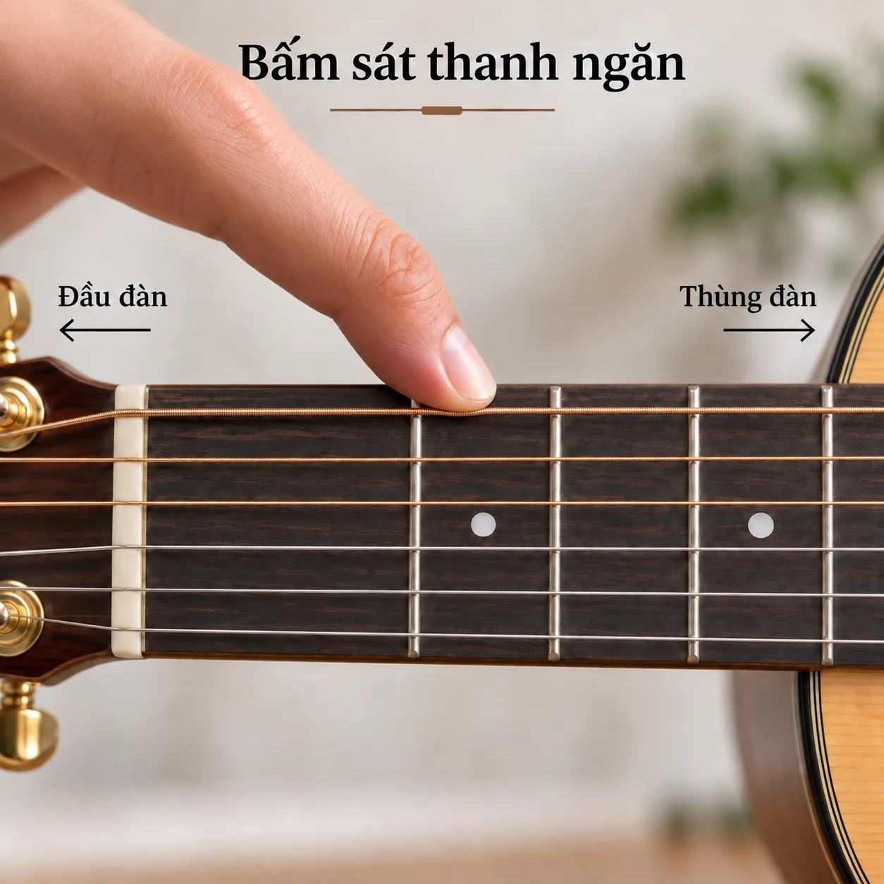 Đầu ngón bấm sát thanh ngăn ở phía đầu đàn, góc cận cảnh